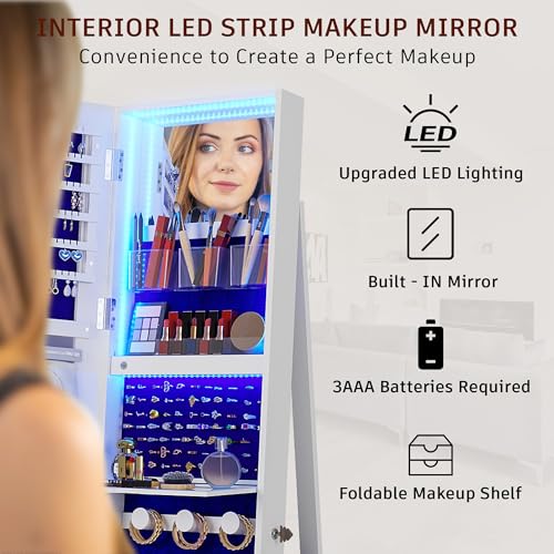 White Standing Jewelry Armoire with Rotating Mirror & Lights