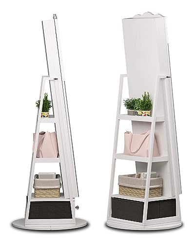 White Standing Mirror Jewelry Cabinet with Lights and Storage