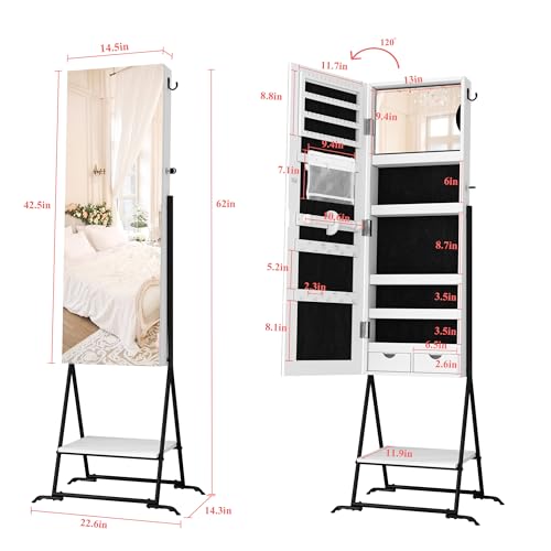 AZODY White Standing Mirror Jewelry Cabinet Organizer