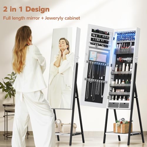 Standing LED Mirror Jewelry Cabinet with Lockable Storage