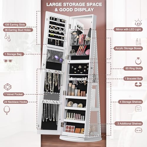 360° Swivel Mirror Jewelry Cabinet with Lights, White