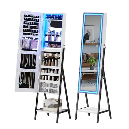 LED Mirror Jewelry Armoire Organizer with Lock, Adjustable Lights