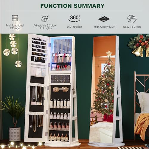 360° Rotating Jewelry Cabinet with Lights and Mirror