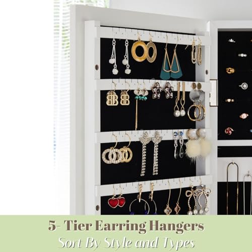 YOKUKINA Lockable Wall-Mounted Mirror Jewelry Armoire, White