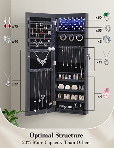 LED Mirror Jewelry Armoire, Wall Mounted Organizer, Black