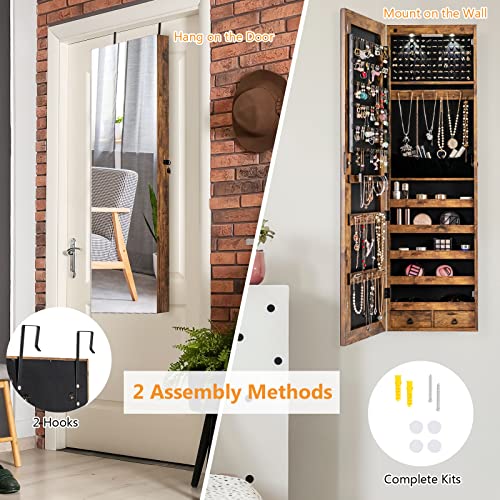 Rustic Brown Jewelry Armoire with Mirror & LED Lights