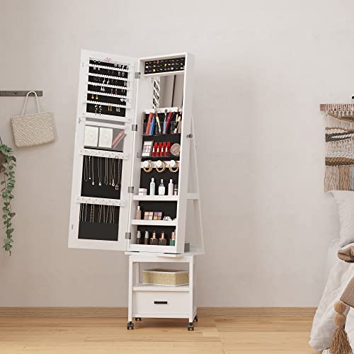 White Swivel Jewelry Armoire with Mirror, Drawer, Shelf