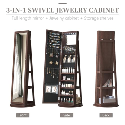 Full-Length Mirror Swivel Jewelry Cabinet Armoire - Dark Brown