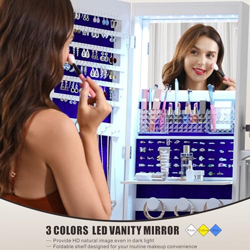 360° Swivel Standing Jewelry Cabinet with Lights - White