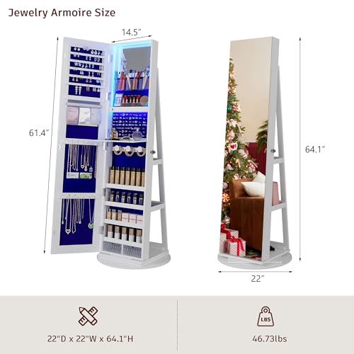 White Standing Jewelry Armoire with Rotating Mirror & Lights
