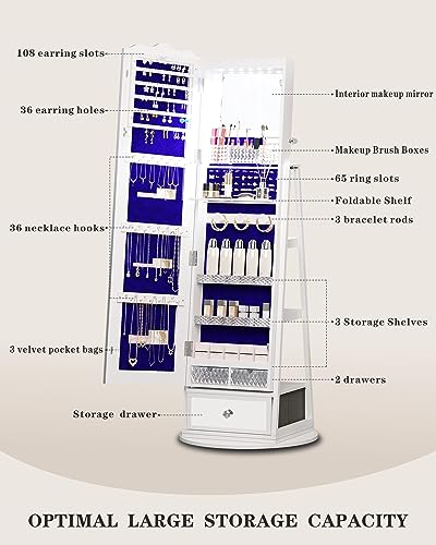 White Standing Mirror Jewelry Cabinet with Lights and Storage