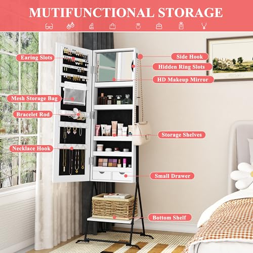 AZODY White Standing Mirror Jewelry Cabinet Organizer
