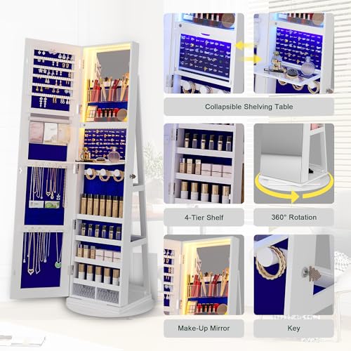 Rotating Jewelry Armoire with Lighted Mirror and Storage