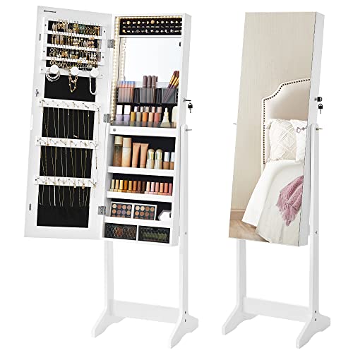 White Standing Mirror Jewelry Armoire with LED Lights