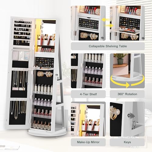 360° Rotating Jewelry Cabinet with Lights and Mirror