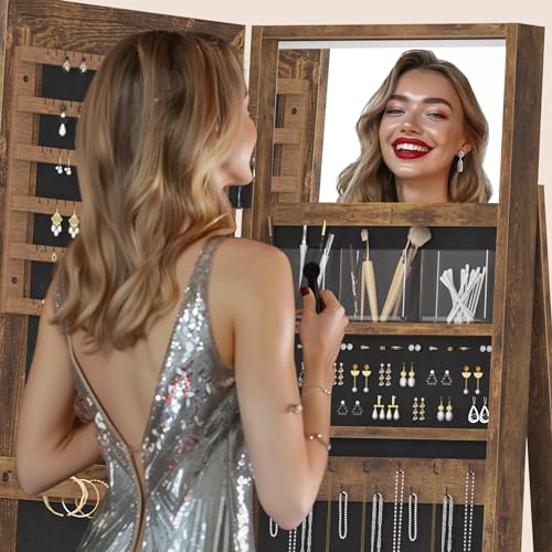 Soges Rustic Brown Rotating Jewelry Mirror Cabinet Organizer