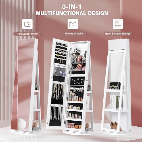 360° Swivel Mirror Jewelry Cabinet with Lights, White