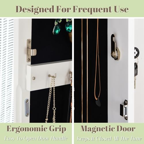 YOKUKINA Lockable Wall-Mounted Mirror Jewelry Armoire, White