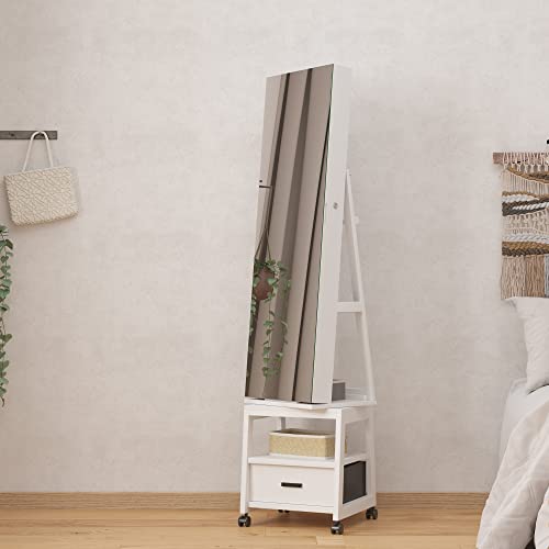 White Swivel Jewelry Armoire with Mirror, Drawer, Shelf