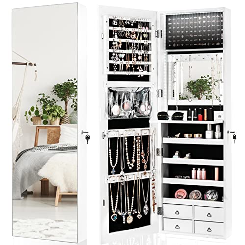 White Jewelry Armoire with LED Strip, Mirror & Storage