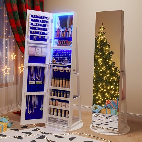 White Standing Jewelry Armoire with Rotating Mirror & Lights