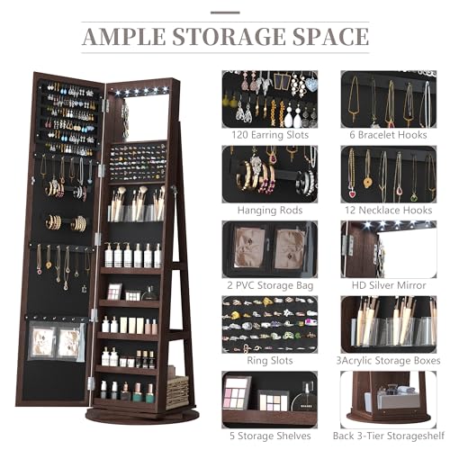 Full-Length Mirror Swivel Jewelry Cabinet Armoire - Dark Brown