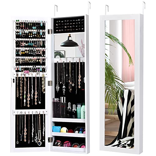 White Jewelry Cabinet with Mirror and Necklace Hooks