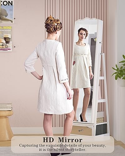 White Standing Mirror Jewelry Cabinet with Lights and Storage