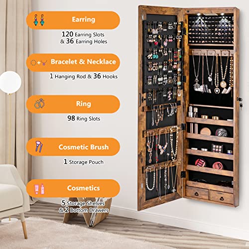 Rustic Brown Jewelry Armoire with Mirror & LED Lights