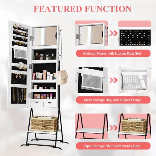 AZODY White Standing Mirror Jewelry Cabinet Organizer