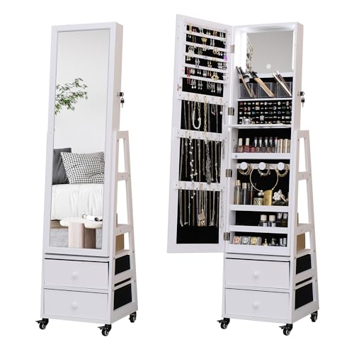 MASMIRE Rotating Jewelry Armoire with Full Length Mirror