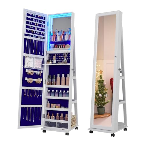 360° Rotating Jewelry Armoire with Lockable Mirror Organizer