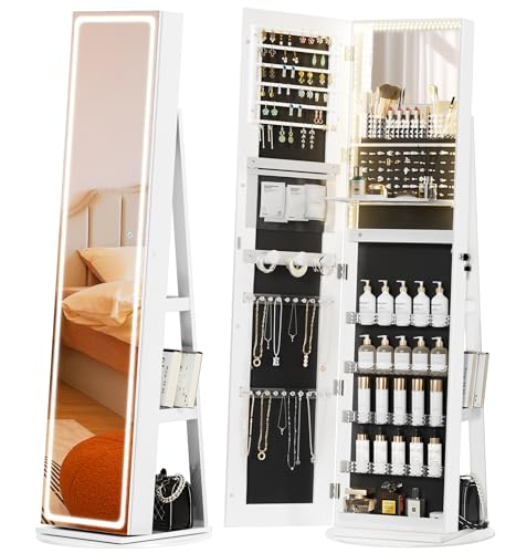 LED Mirror Jewelry Cabinet with Adjustable Lights, Lockable Armoire