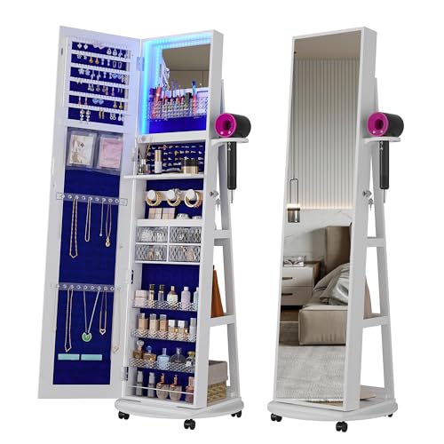 360° Swivel LED Mirror Jewelry Armoire Organizer (White)