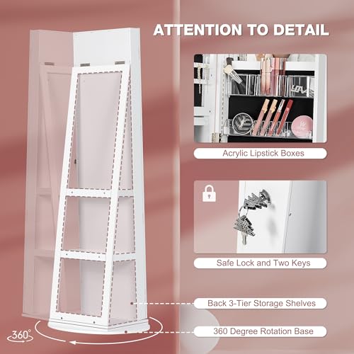 360° Swivel Mirror Jewelry Cabinet with Lights, White