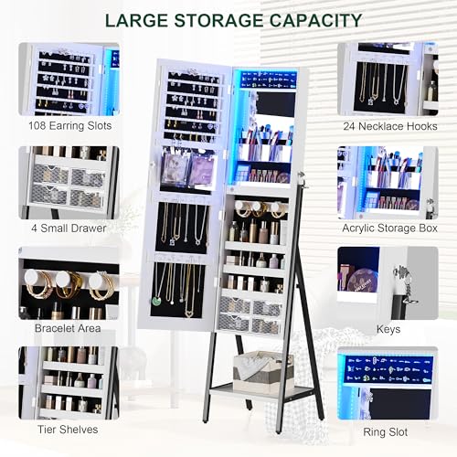 LED Mirror Jewelry Armoire Organizer with Lock, Adjustable Lights