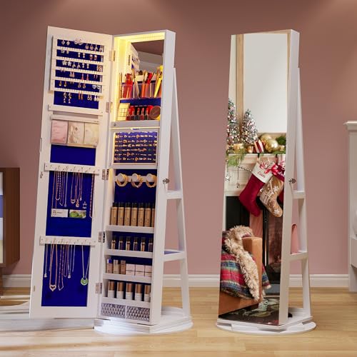 White Standing Jewelry Armoire with Rotating Mirror & Lights