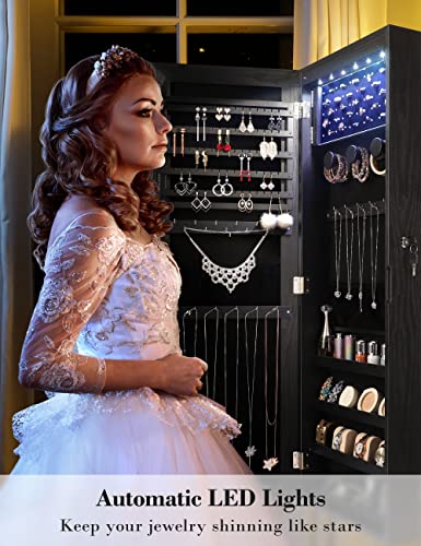 LED Mirror Jewelry Armoire, Wall Mounted Organizer, Black