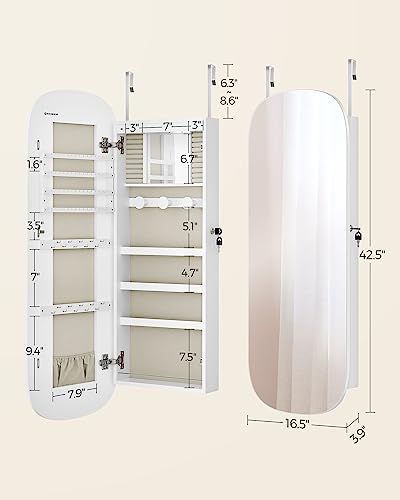LED Jewelry Cabinet Wall/Door Mounted Organizer, Lockable Mirror