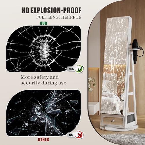 360° Swivel Standing Jewelry Cabinet with Lights - White