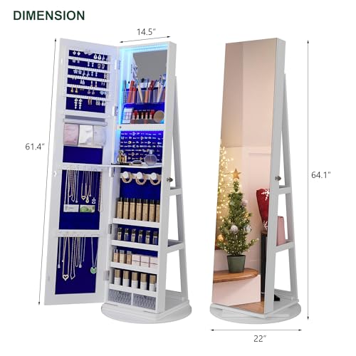 Rotating Jewelry Armoire with Lighted Mirror and Storage