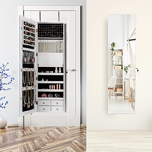 White Jewelry Armoire with LED Strip, Mirror & Storage