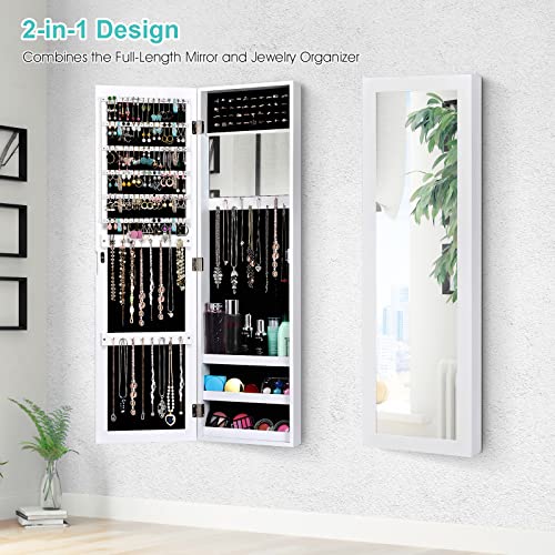 White Jewelry Cabinet with Mirror and Necklace Hooks