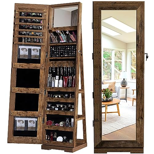sogesfurniture Rotatable Jewelry Organizer Armoire, Lockable Cabinet, Mirror