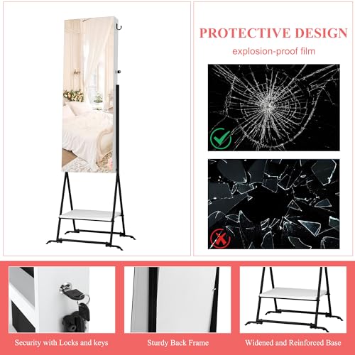 AZODY White Standing Mirror Jewelry Cabinet Organizer