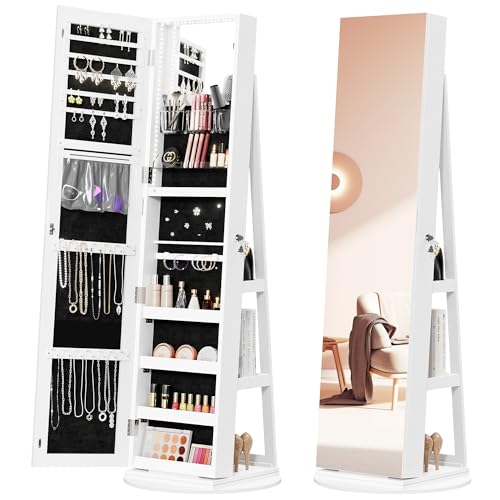 White Swivel Mirrored Jewelry Armoire with LED Light