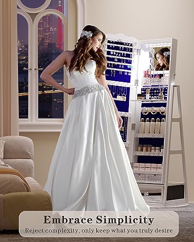 White Standing Mirror Jewelry Cabinet with Lights and Storage