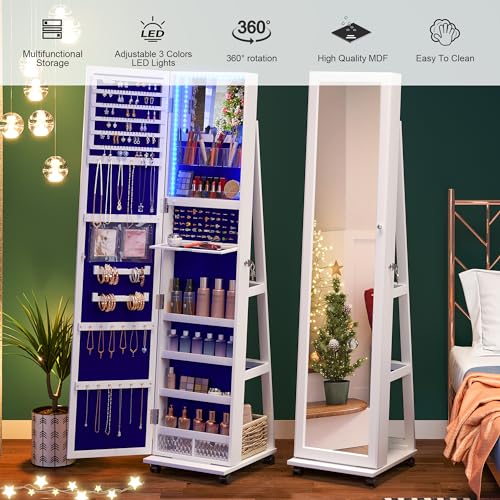 360° Rotating Jewelry Armoire with Lockable Mirror Organizer