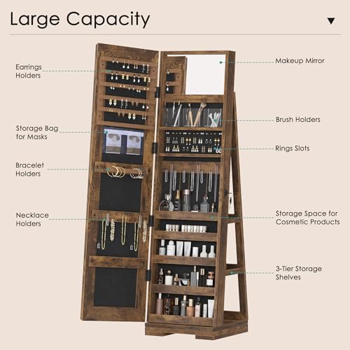 Soges Rustic Brown Rotating Jewelry Mirror Cabinet Organizer