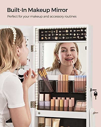 White Standing Mirror Jewelry Armoire with LED Lights